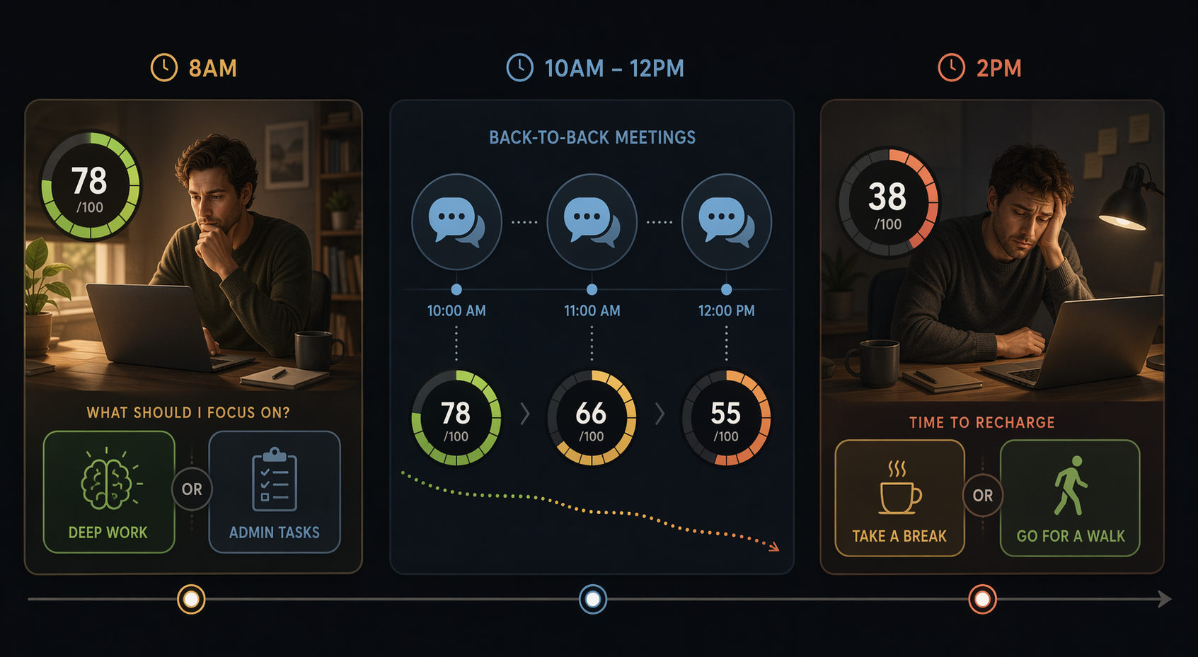 Timeline of a knowledge worker's day showing morning deep-work decisions, midday meetings, and afternoon recovery options