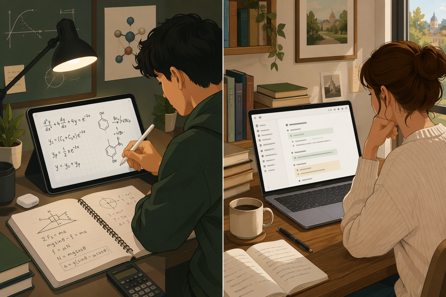 Split-scene illustration showing a STEM student writing handwritten equations on an iPad with an Apple Pencil on the left, and a humanities student organizing structured notes on a laptop on the right.