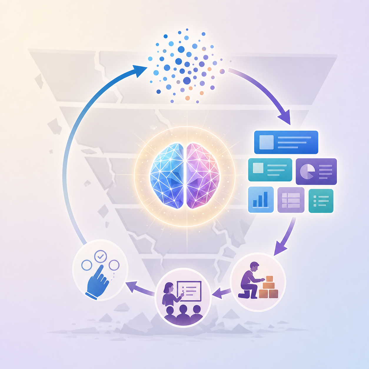 A circular knowledge cycle illustration showing data flowing into information, then into knowledge, then into action, with feedback arrows returning from action back to data.