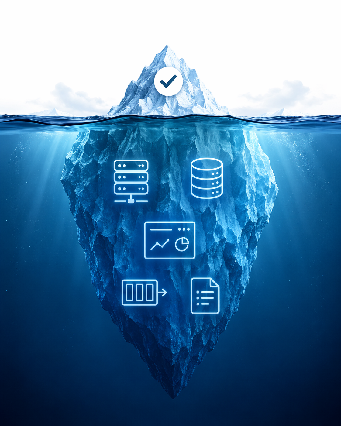 Iceberg showing hidden infrastructure and operational costs below a free workflow orchestration tool
