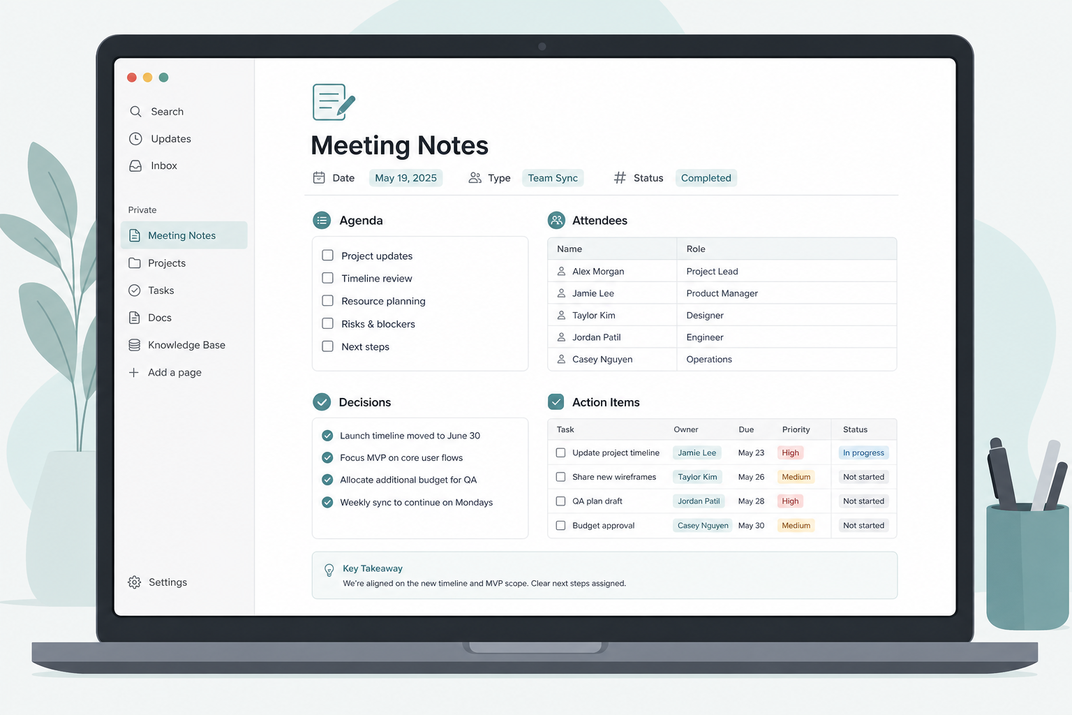 Flat editorial illustration of a Notion-style meeting notes page showing structured sections for Agenda, Attendees, Decisions, and Action Items with teal property tag accents.