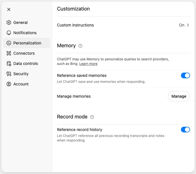 OpenAI Help Center screenshot showing ChatGPT Record mode controls on macOS