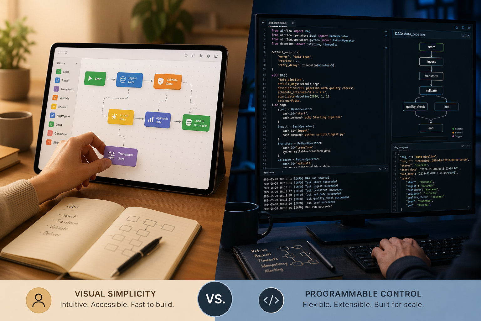 Visual workflow builder beside a developer workstation with Python DAG code