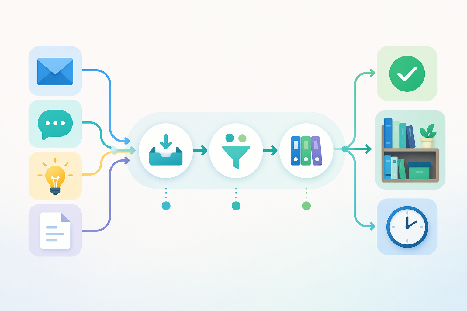 A left-to-right flat illustration of a personal productivity workflow as an input-process-output system: email, chat, lightbulb, and document icons on the left flow through a central processing pipeline with capture-clarify-organize nodes, leading to a checkmark, bookshelf, and clock icons on the right, using a teal-blue-green palette with subtle gradients.