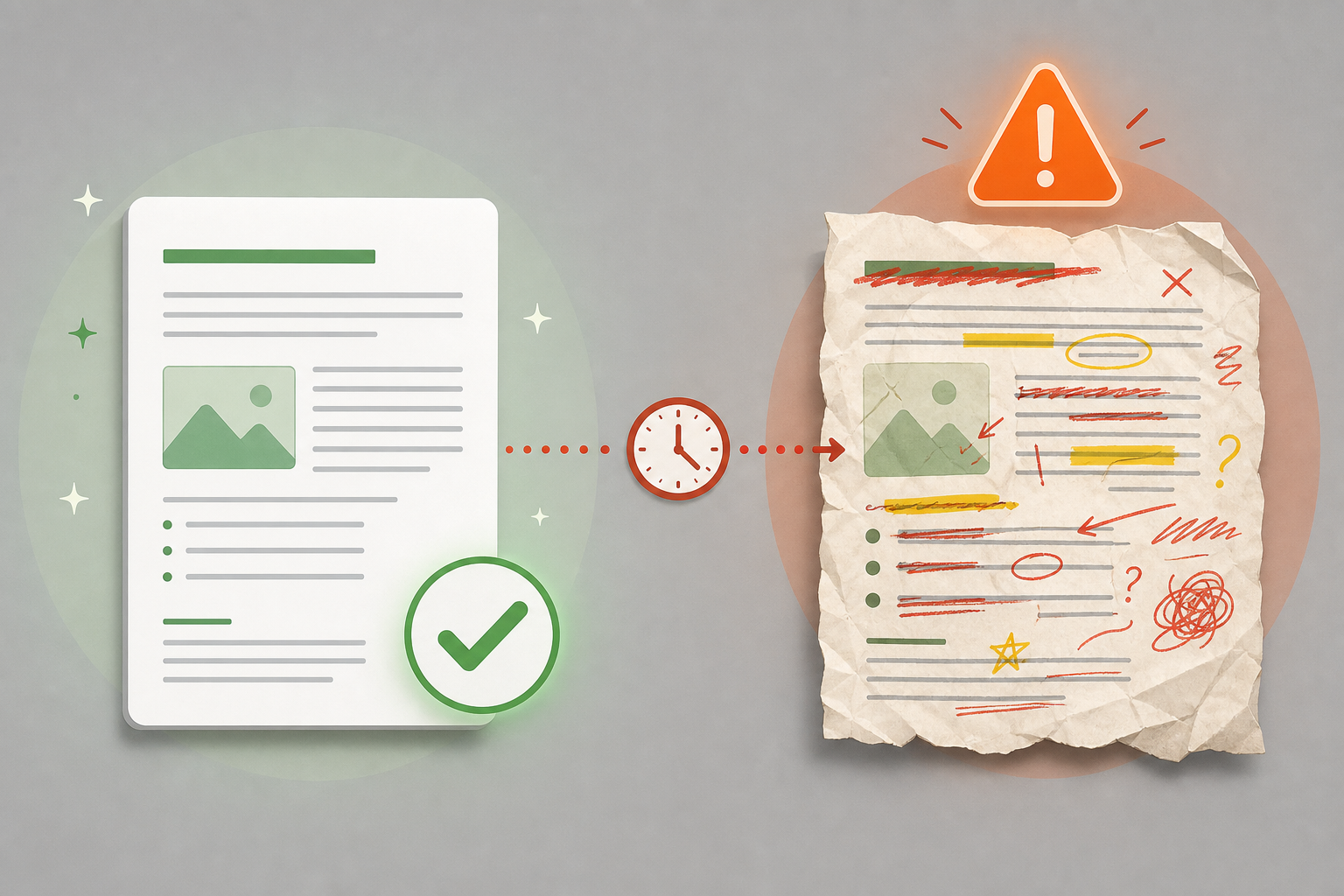 Split illustration: left side shows a clean document with a green checkmark; right side shows the same document with red strike-throughs, yellow corrections, and a clock icon symbolizing time spent on rework.