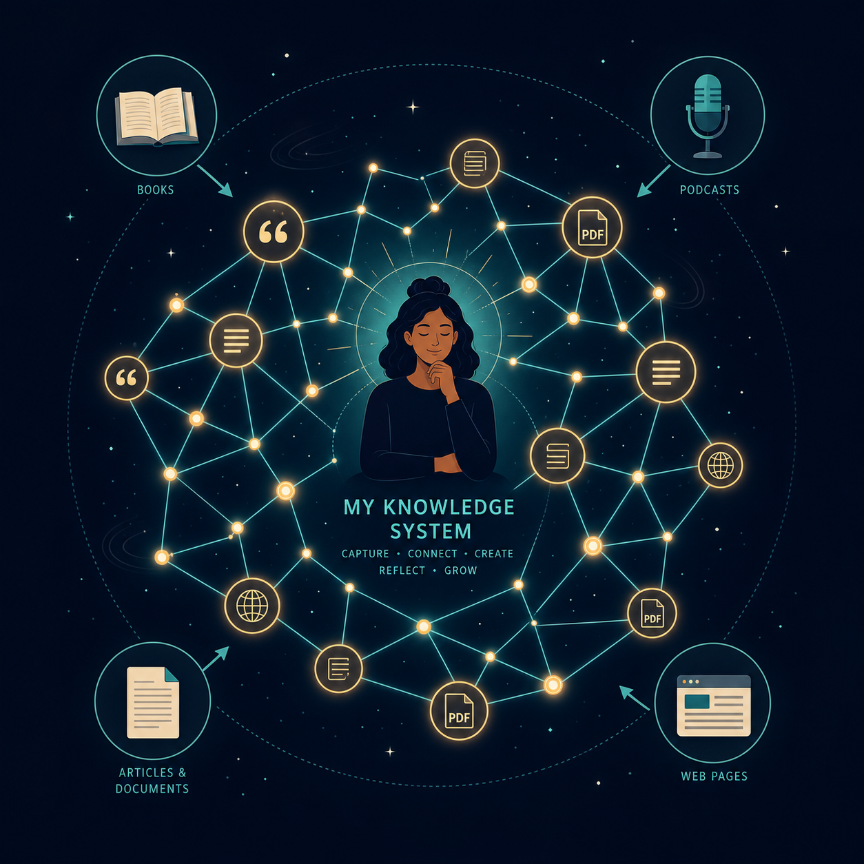 A dark-mode flat vector illustration showing a human silhouette at the center surrounded by interconnected glowing nodes forming a knowledge graph, with small icons representing capture sources orbiting the central graph.