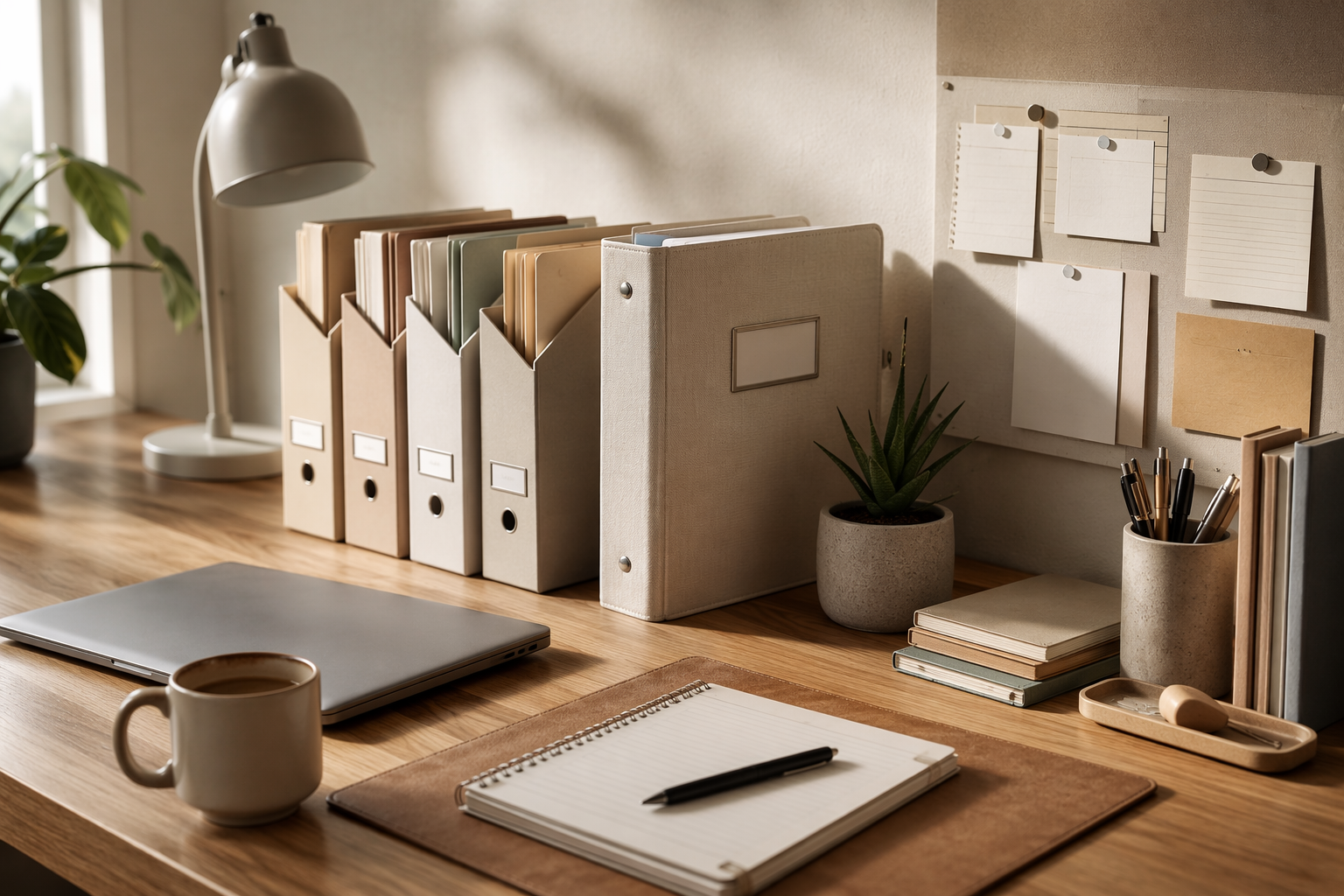 Organized workspace with folders, instructions, a knowledge base binder, and a morning goals notepad