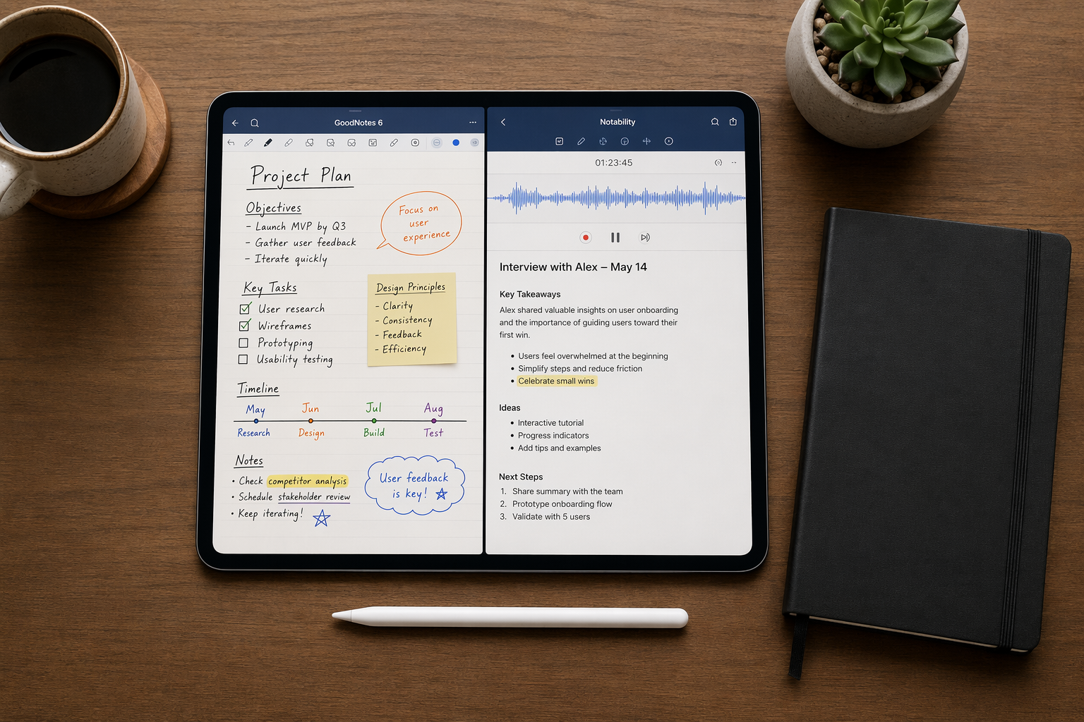 Overhead flat-lay composition on a wooden desk: an iPad Pro with Apple Pencil shows a split-screen of GoodNotes 6 and Notability, beside a physical Moleskine notebook, a coffee cup, and a small succulent.