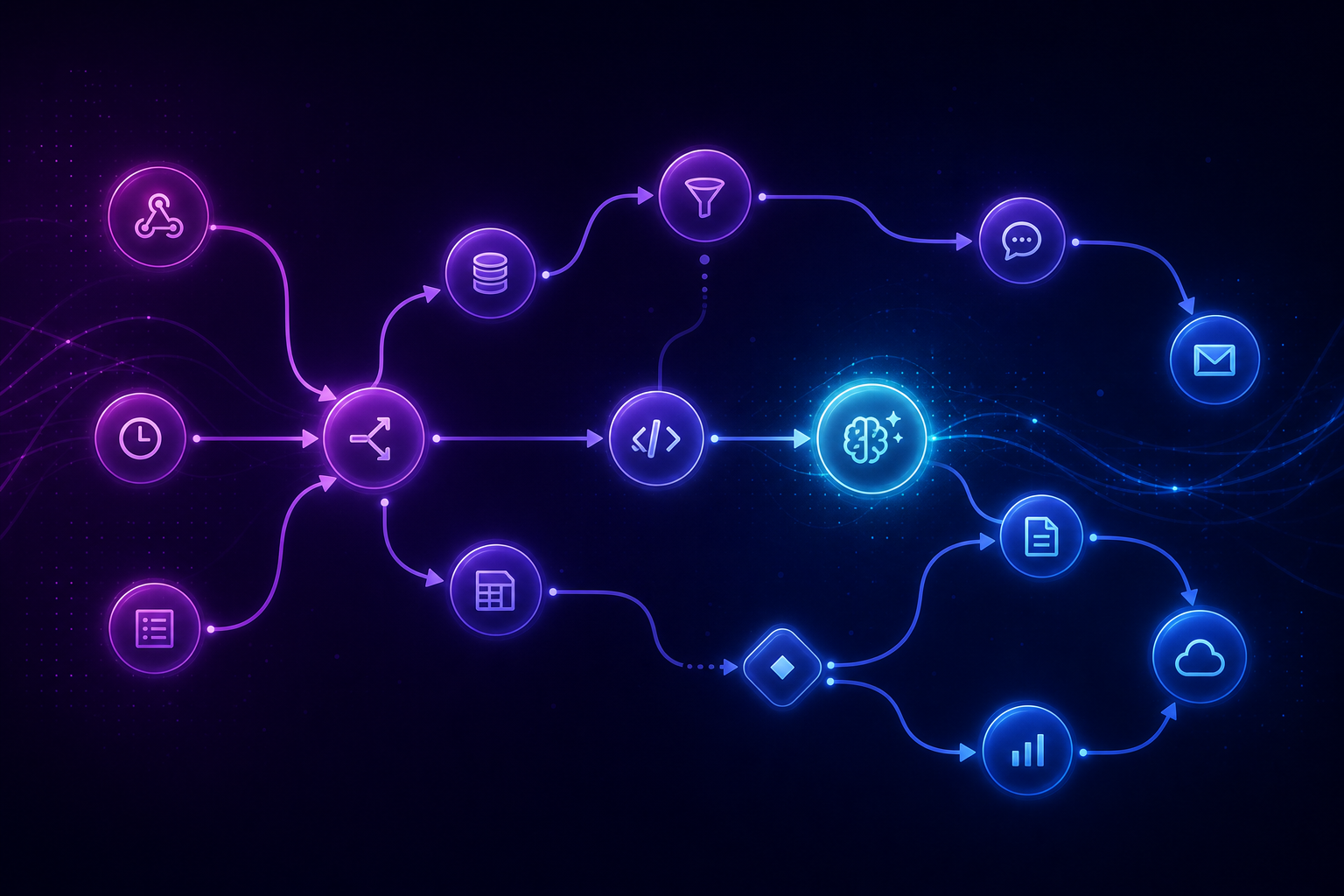 Branching automation workflow canvas with glowing circular nodes on a deep purple-to-navy gradient background, representing Make's visual scenario builder.