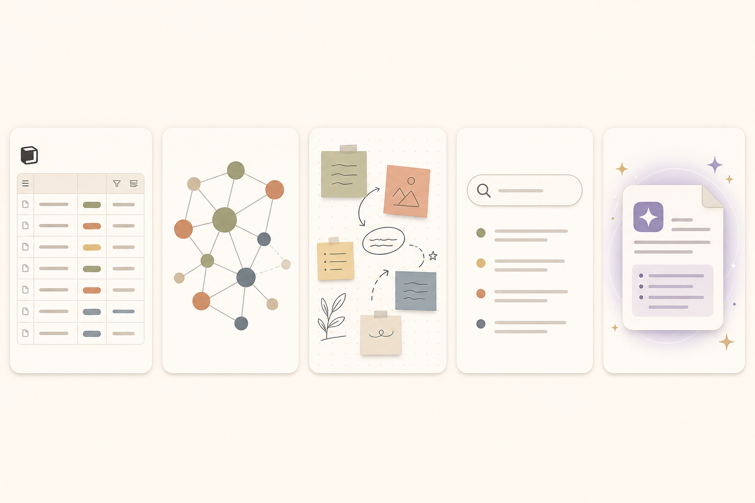 Five rounded card icons representing distinct note-taking retrieval styles: a database grid, a connected knowledge graph network, a free-form canvas with sticky notes, a search box with magnifying glass, and a document with sparkle icons.