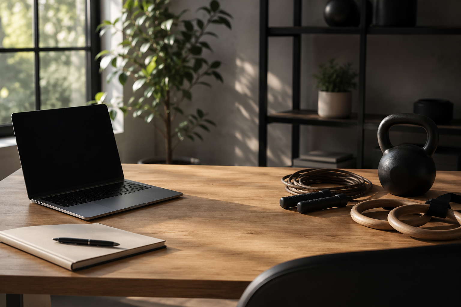 A morning desk setup with work tools beside training equipment