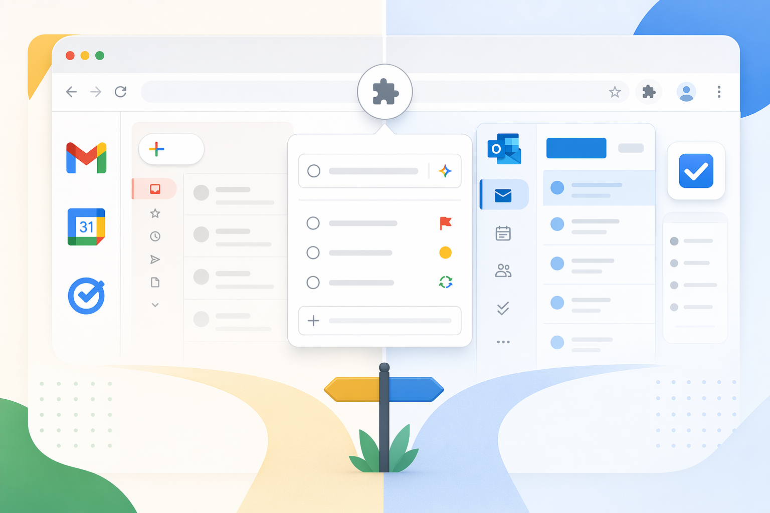 Modern browser workspace divided into Google Workspace, Microsoft 365, and independent productivity tool zones with a Chrome extension toolbar icon