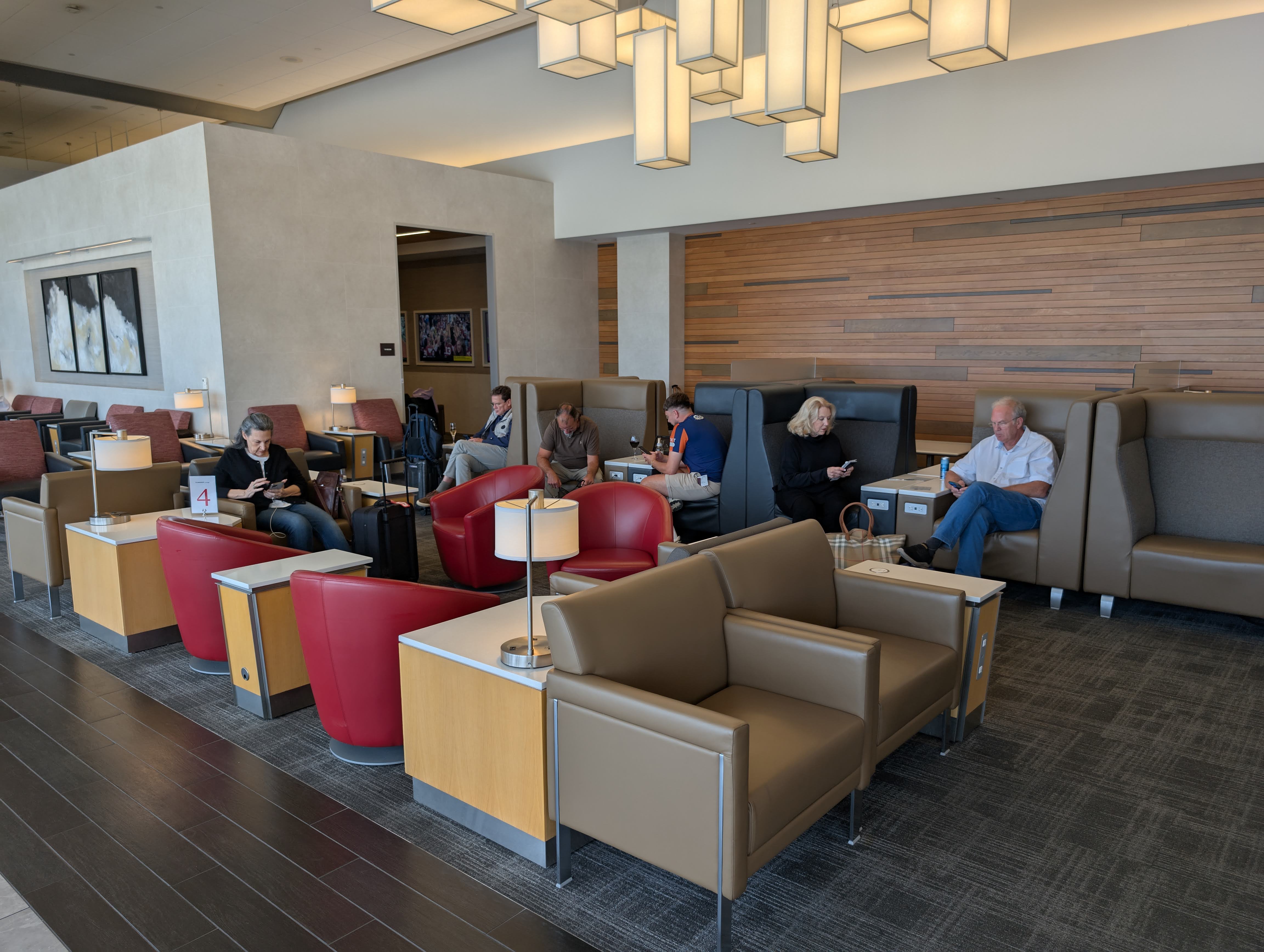Quiet seating area inside the American Airlines Flagship Lounge at DFW Terminal D