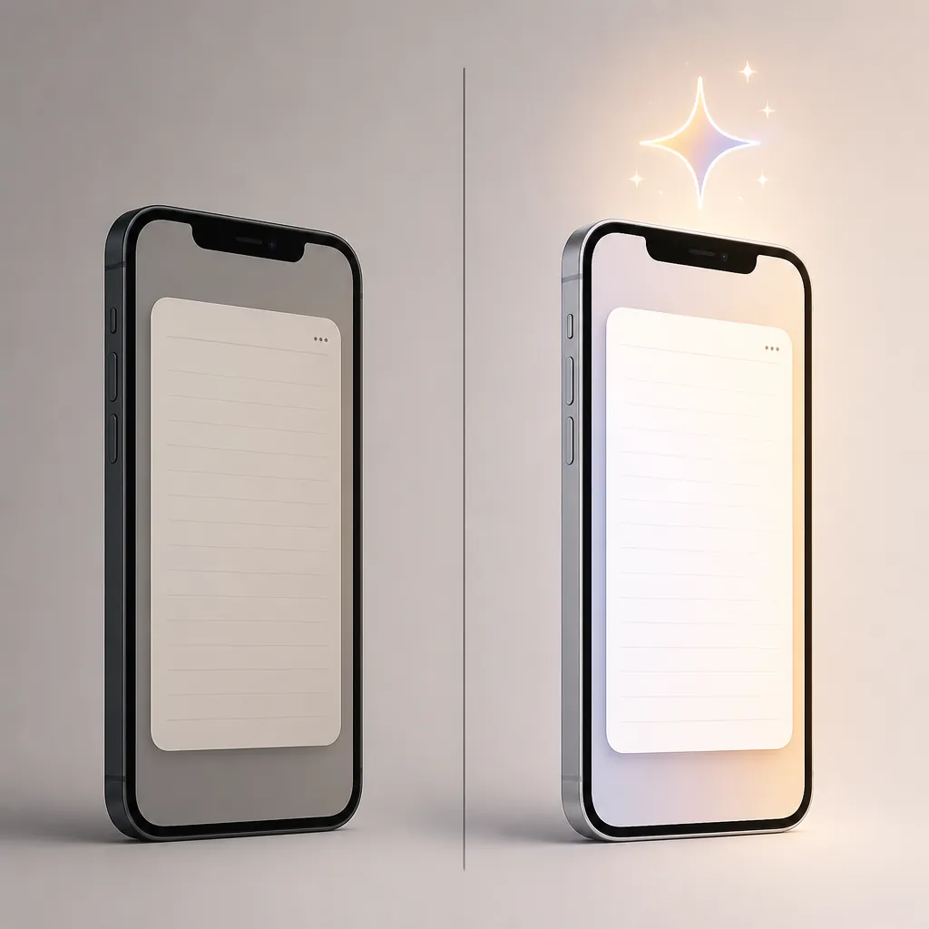 Two smartphone silhouettes divided by a line, with one plain note screen and one brighter screen with a spark icon