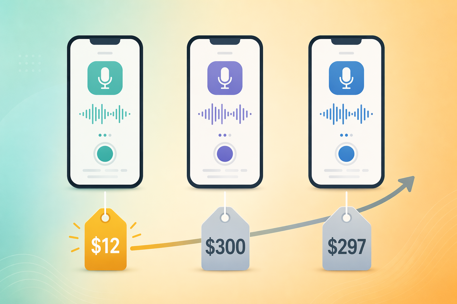 Three smartphone icons arranged horizontally with price tags beneath each. The first phone has a small amber $12 tag highlighted in gold, the second has a ~$300 gray tag, the third has a ~$297 gray tag. A subtle upward arrow connects the three tags. Warm teal-to-amber gradient background.