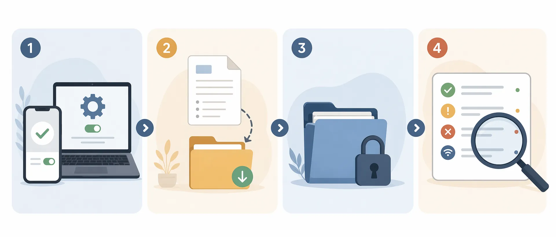 Four-panel workflow for configuring devices, exporting notes, saving local copies, and checking failure modes