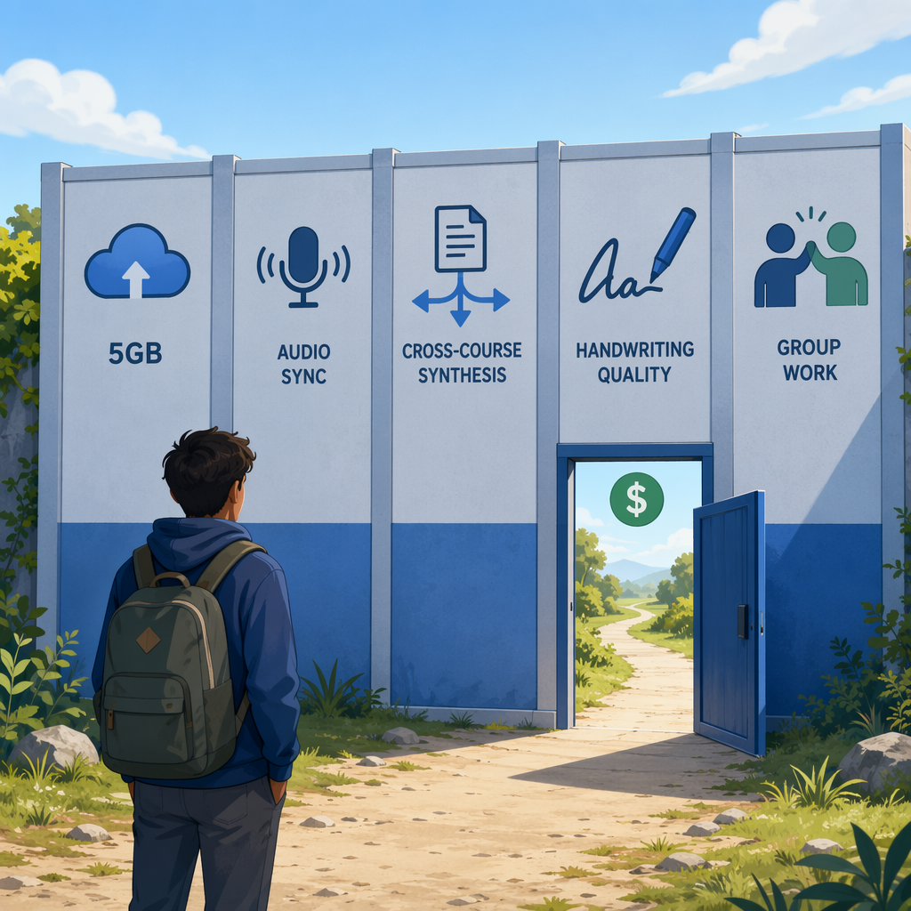 A flat illustration showing a student with a backpack standing at the base of a wall divided into five segments, each topped with an icon: a cloud with '5GB' for storage, a microphone with sound waves for audio sync, a branching document for cross-course synthesis, a handwritten stroke for handwriting quality, and two figures for collaboration. A small open gate at one section reveals a path forward.