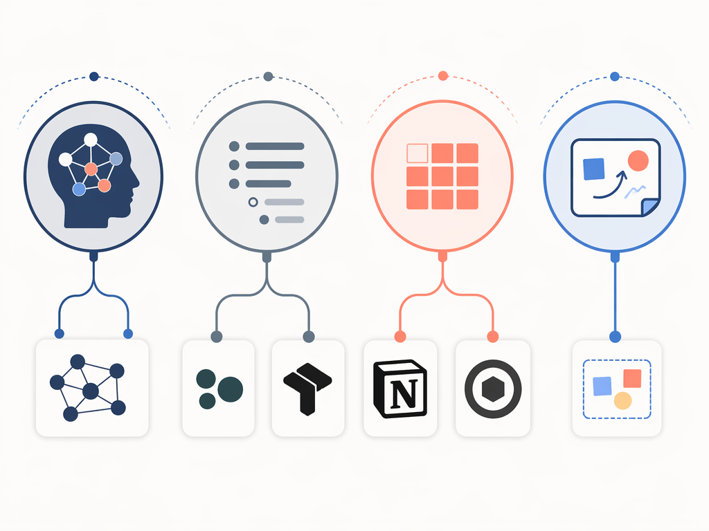 Editorial diagram showing four thinking style icons connected by curved lines to matched PKM tool icons in a minimalist layout.