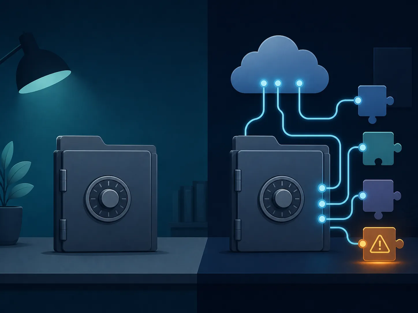 Split illustration of a local lockbox and a connected lockbox with plugin icons and a warning glow
