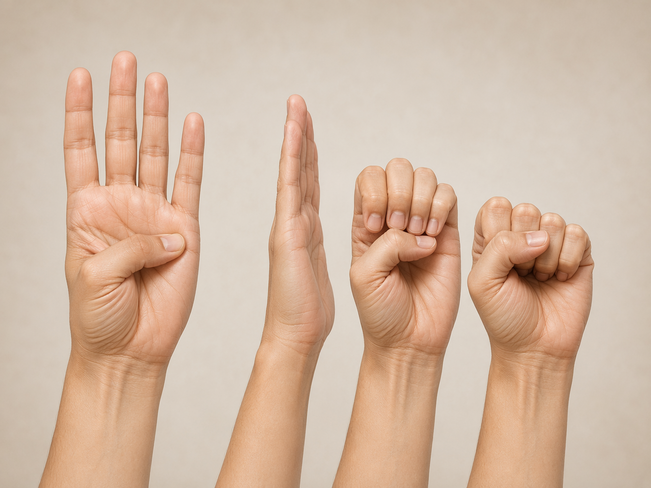 Instructional illustration of thumb opposition and tendon gliding hand exercises
