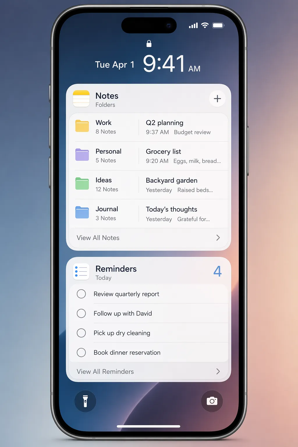 iPhone lock screen with compact clock, Notes folder widget, and Reminders checklist widget