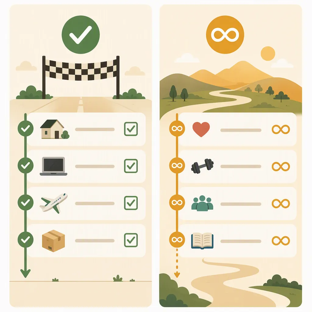 Side-by-side illustration of Projects with a checkmark and finish line and Areas with an ongoing loop