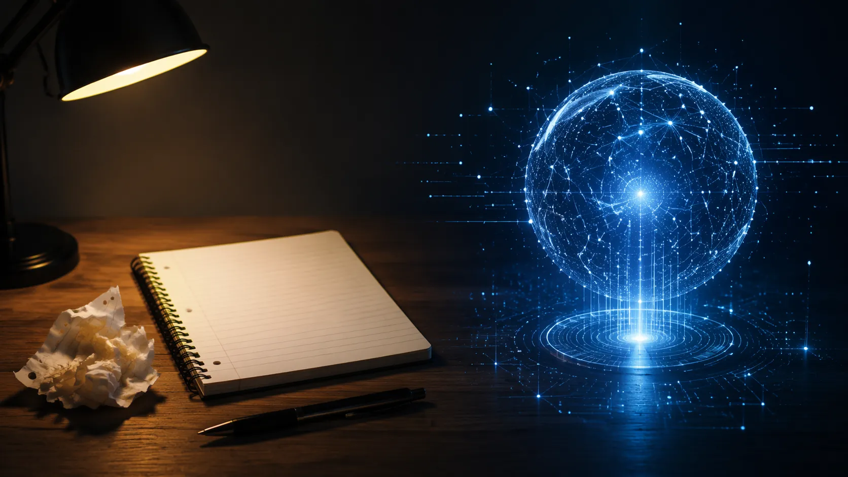 Spiral notebook and pen contrasted with a glowing AI sphere and digital data streams