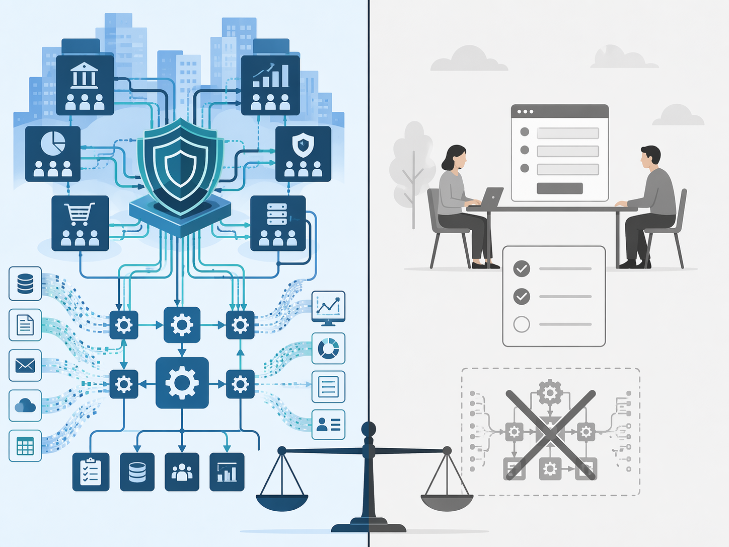 Decision matrix contrasting complex enterprise workflow automation fit with a simple small-team workflow that does not fit