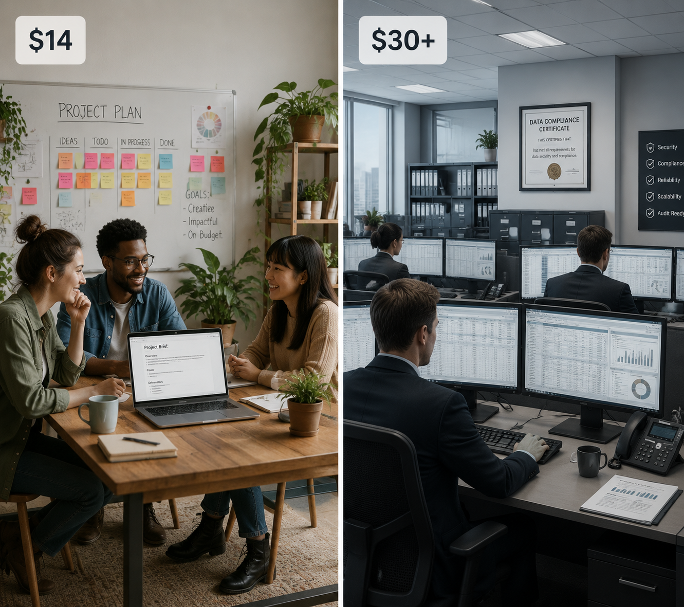 Side-by-side creative small-team workspace and corporate spreadsheet office with pricing labels