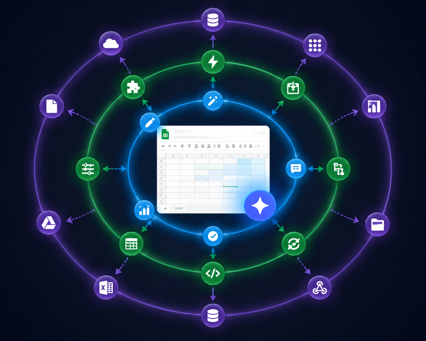 Spreadsheet surrounded by three concentric AI layers for native Gemini, add-ons, and external platforms