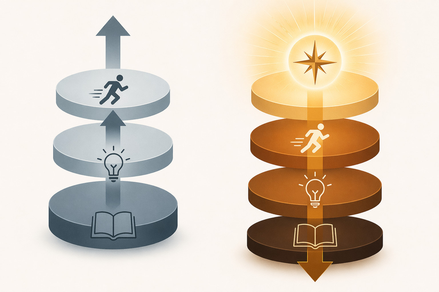 Diagram contrasting Default Life bottom-up flow with Intentional Life top-down flow