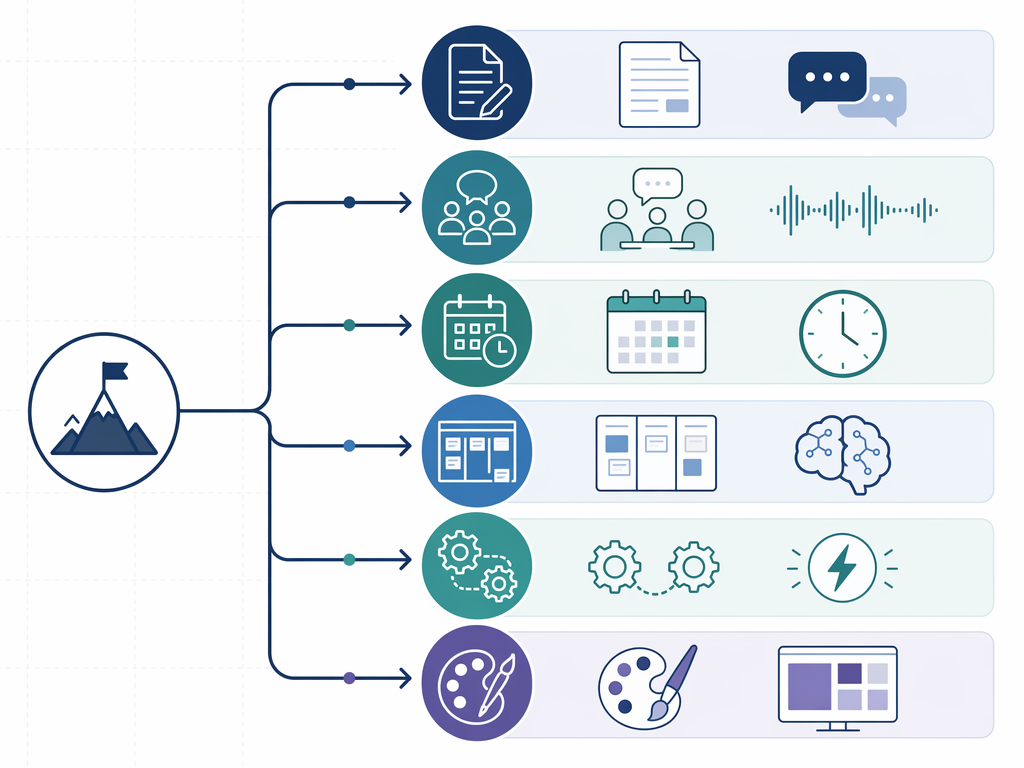 Six workflow category lanes showing a decision path to the reader's bottleneck