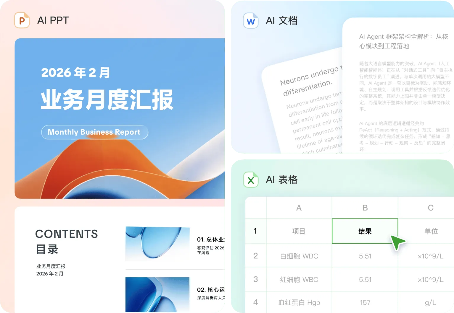 Doubao Work desktop interface delivering an office document, spreadsheet, and presentation