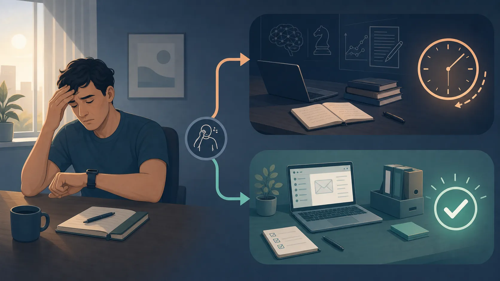A morning-after workflow showing a person checking readiness and routing high-stakes tasks to a later time while doing lower-stakes administrative work