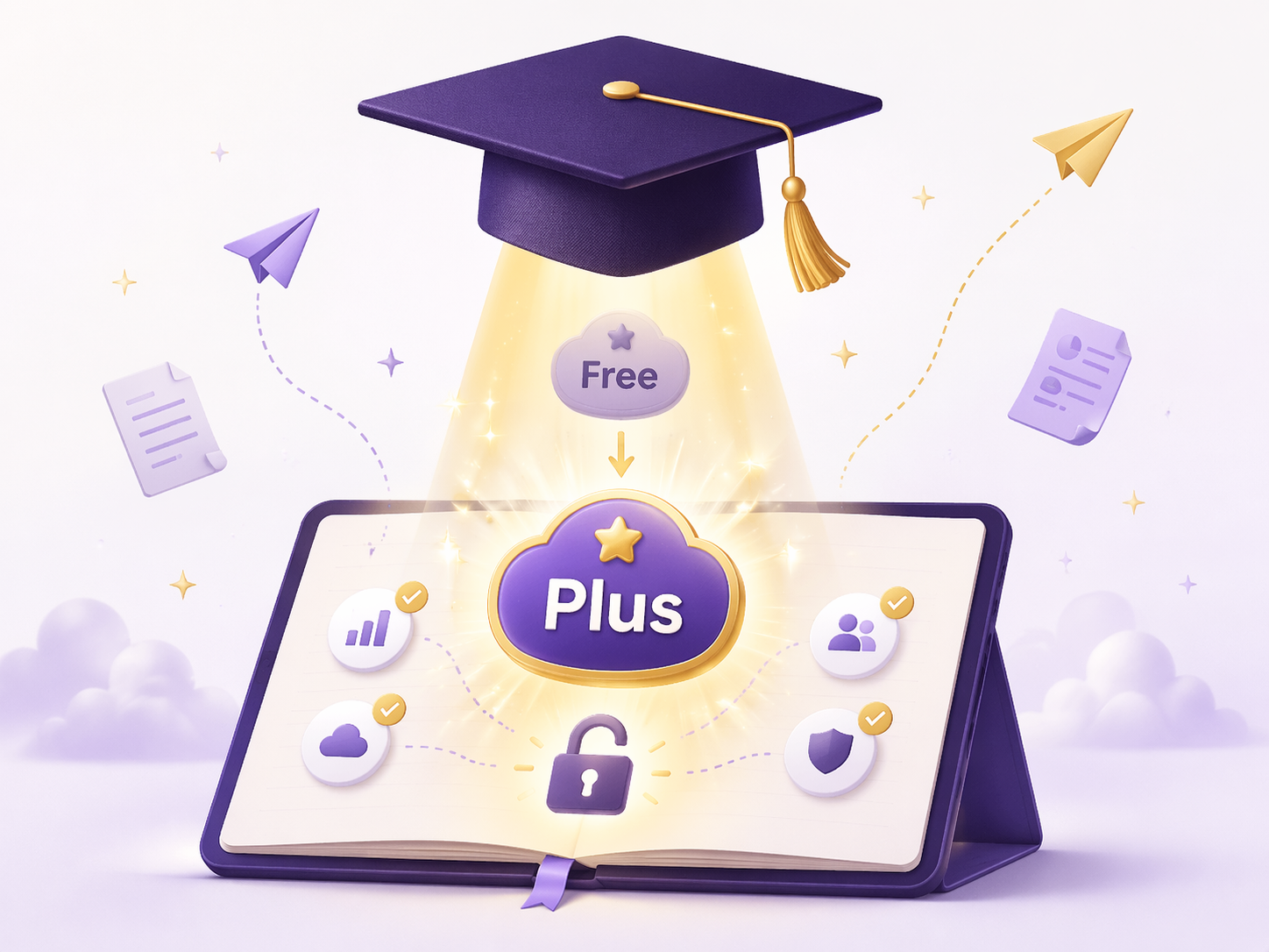 An editorial illustration of a graduation cap floating above an open notebook screen, with a beam of light transforming a Free badge into a Plus badge, surrounded by an unlocked padlock and checkmark icons.