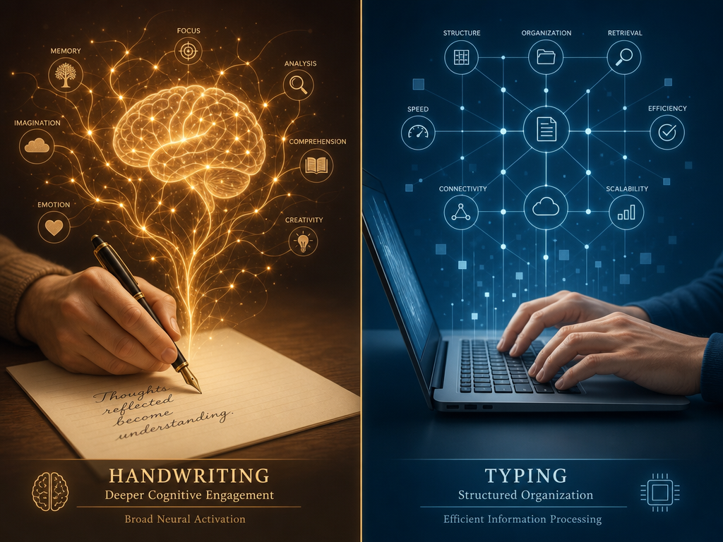 Split editorial illustration: left side shows a hand writing with a fountain pen on paper with glowing neural pathways rising into a brain silhouette; right side shows fingers typing on a laptop keyboard with organized geometric nodes and connected dots forming a digital network above
