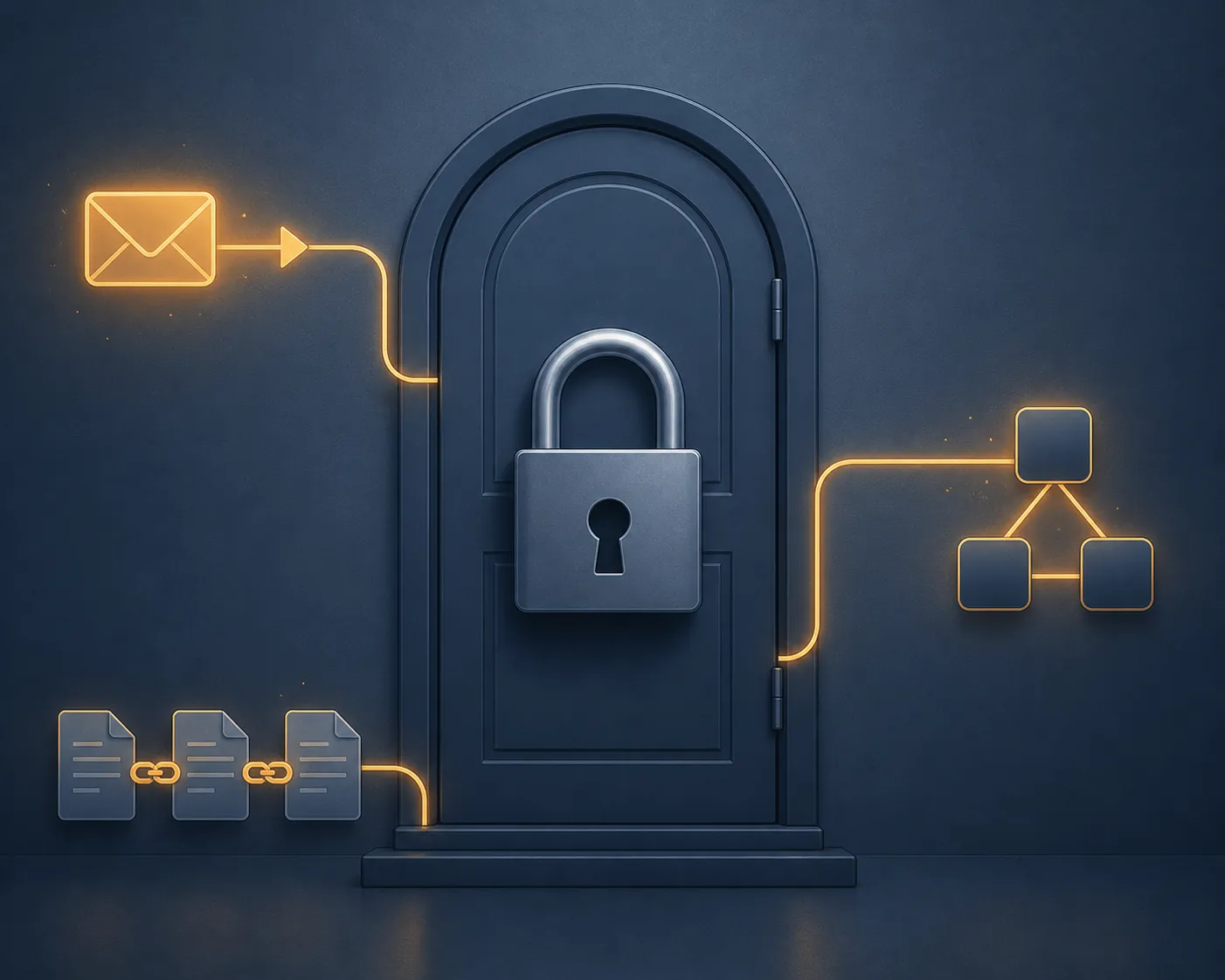 Padlocked door with bypass routes through email forwarding, connected apps, and linked documents