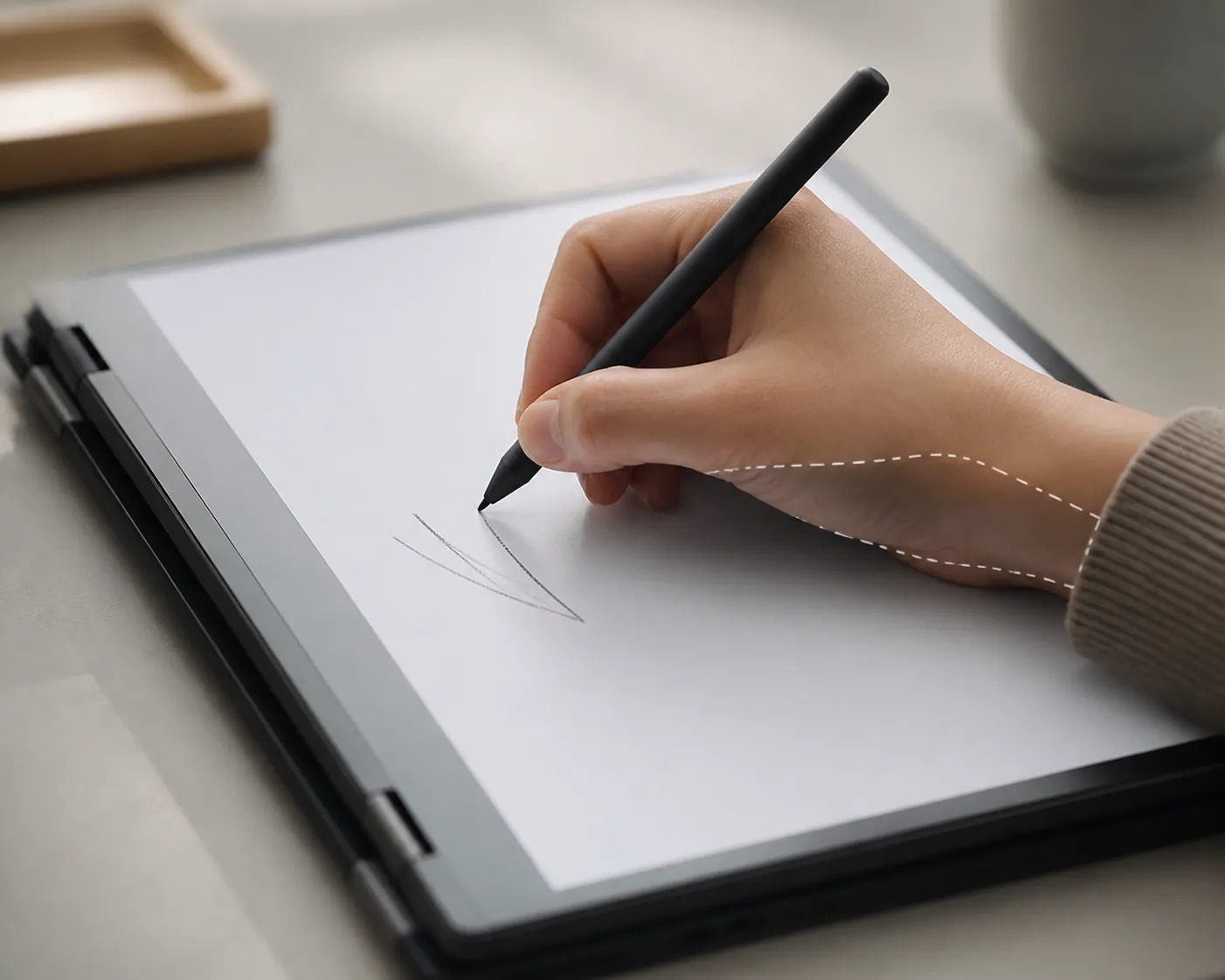 Hand using a stylus on a 2-in-1 laptop touchscreen with the palm resting on the display