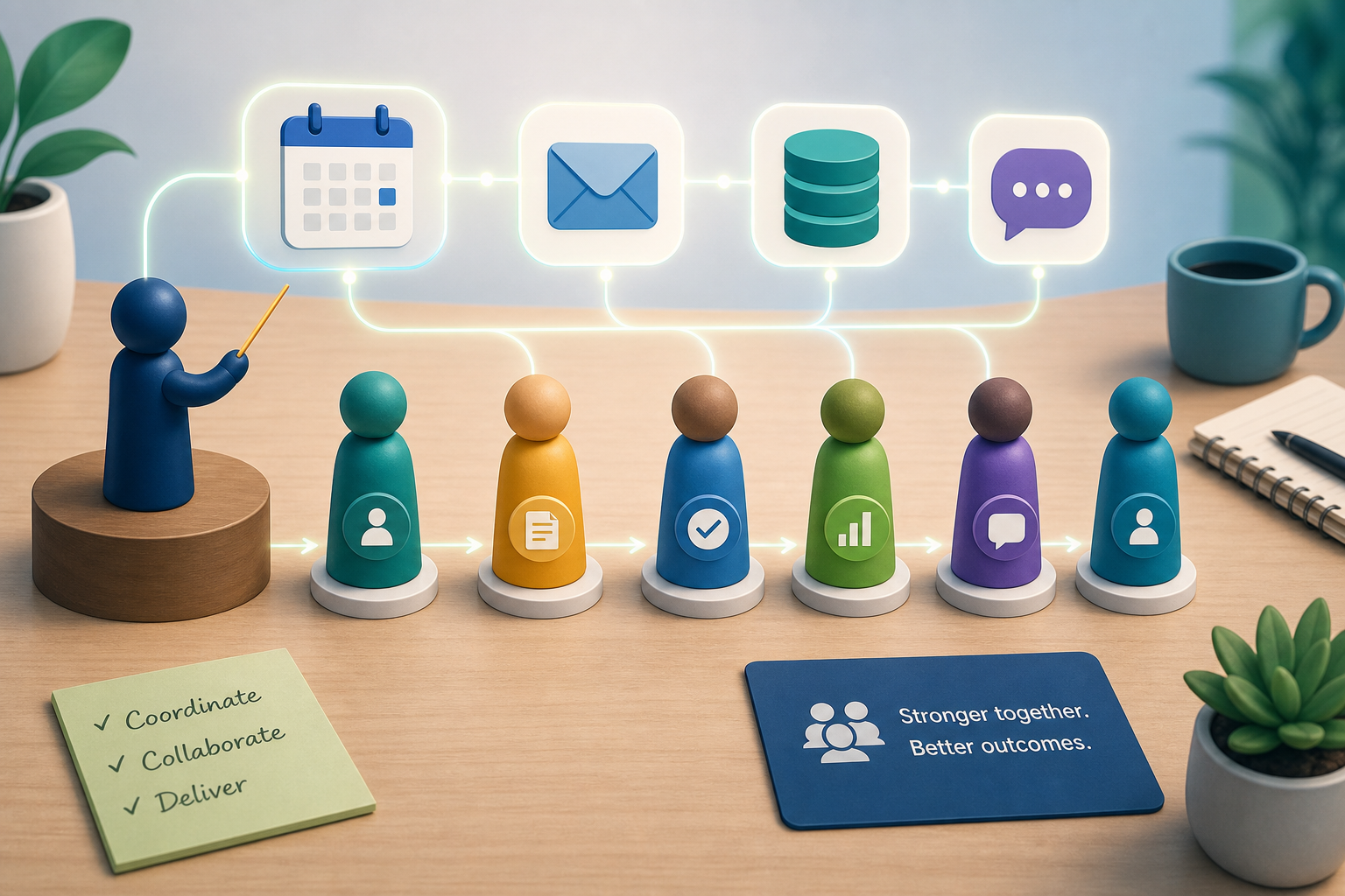 Flat vector illustration of a tabletop scene with diverse abstract figurines arranged in a coordinated sequence connected by glowing lines, with one figure at a podium conducting the flow and simplified app icons in the background linked by light trails in warm blues and greens.