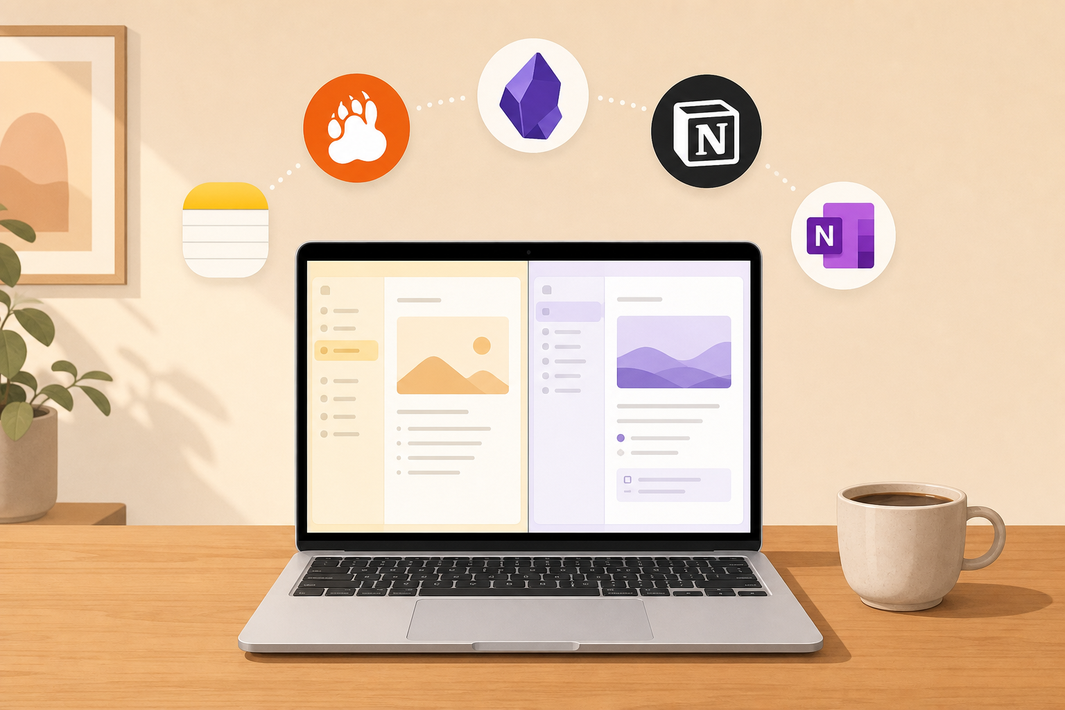A silver MacBook Air on a wooden desk next to a coffee cup, with five simplified note-taking app icons arranged in a semicircle floating above the screen.