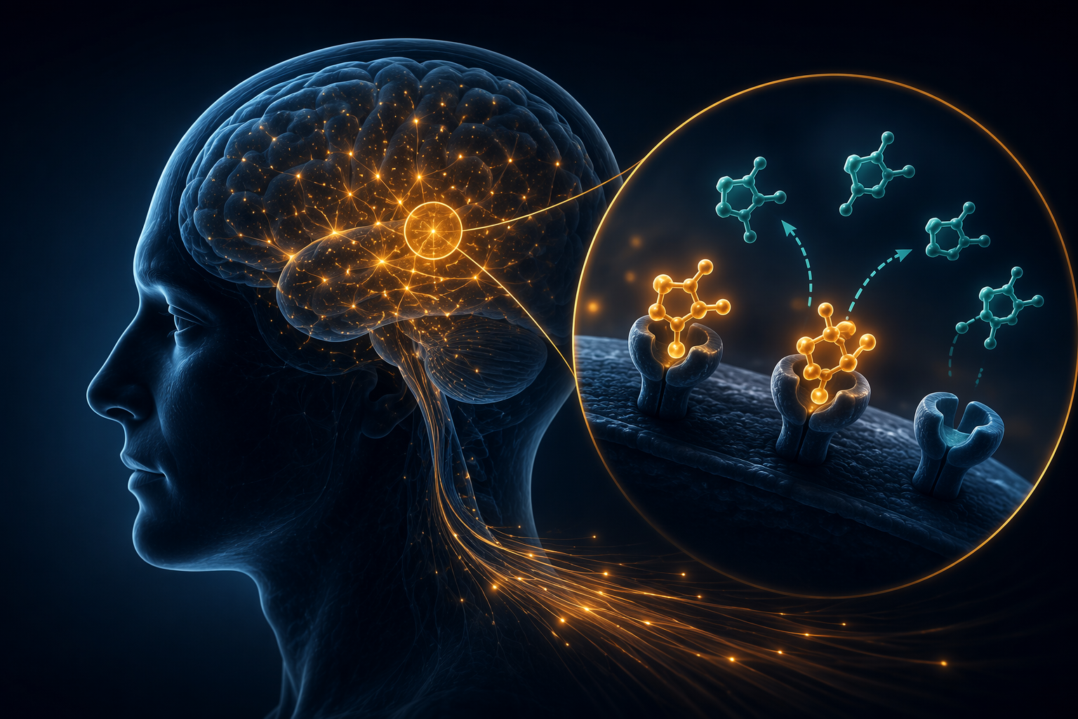 Illustration of caffeine molecules blocking adenosine receptors in the brain