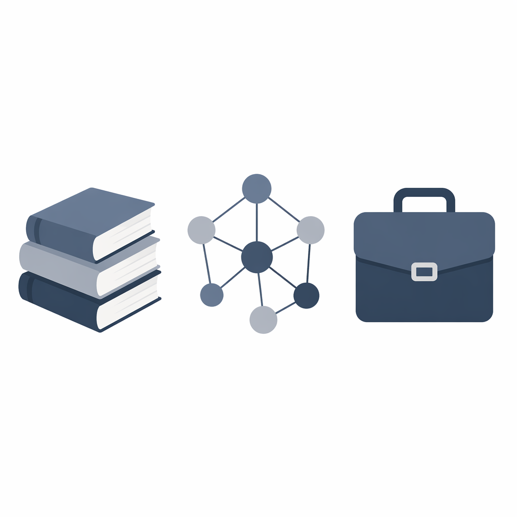 Three minimalist flat vector icons arranged horizontally: stacked books representing hierarchical filing, connected nodes representing linked note-taking, and a briefcase representing organizational knowledge management.