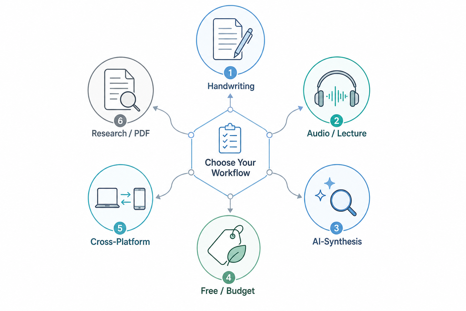 A radial diagram showing six workflow use-case categories: Handwriting, Audio/Lecture, AI-Synthesis, Free/Budget, Cross-Platform, and Research/PDF, connected by flowing lines.