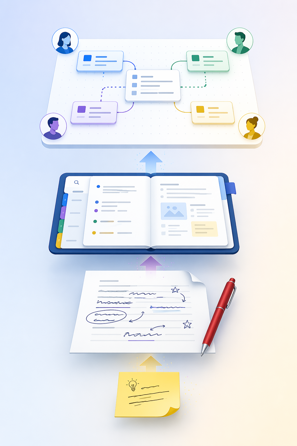 Four stacked note-taking layers showing Sticky Notes, Journal markup, OneNote structure, and Loop collaboration