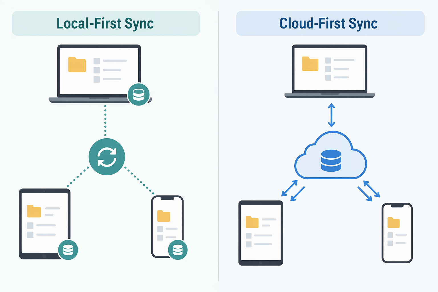 Comparison of local-first sync and cloud-first sync across multiple devices