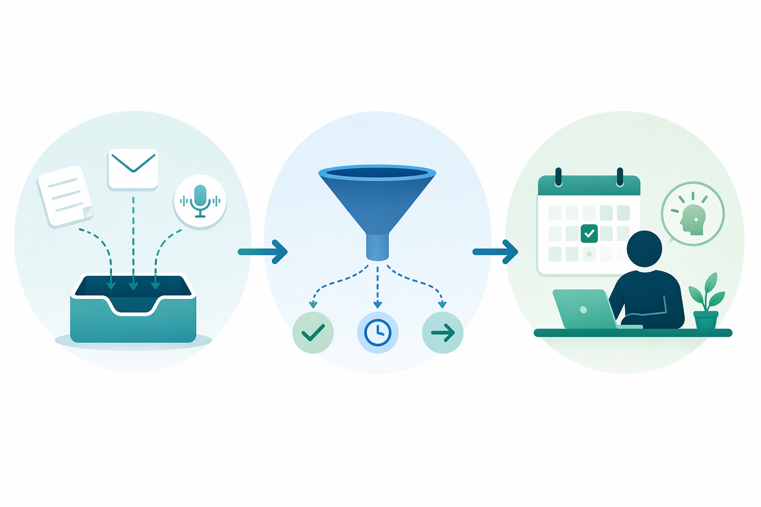 A left-to-right flat illustration of a capture-to-execute productivity pipeline with three stages: a capture inbox tray gathering scattered note, email, and voice-memo icons; a triage funnel with three branching paths; and an execute stage showing a calendar and a focused-person-at-desk icon, in a teal-blue-green editorial style.