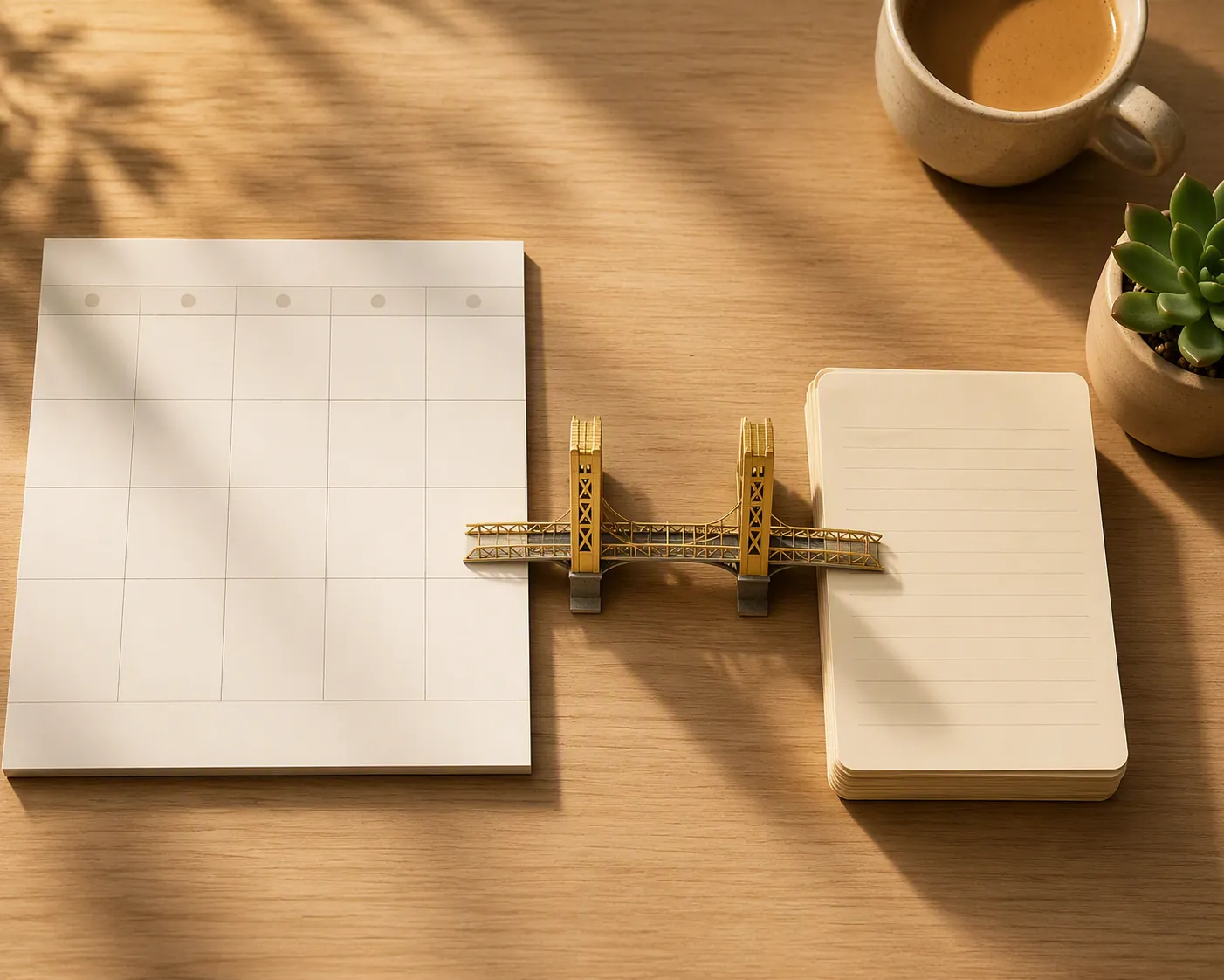 Top-down desk scene with a paper weekly calendar, itinerary note cards, and a small Tower Bridge model in warm light