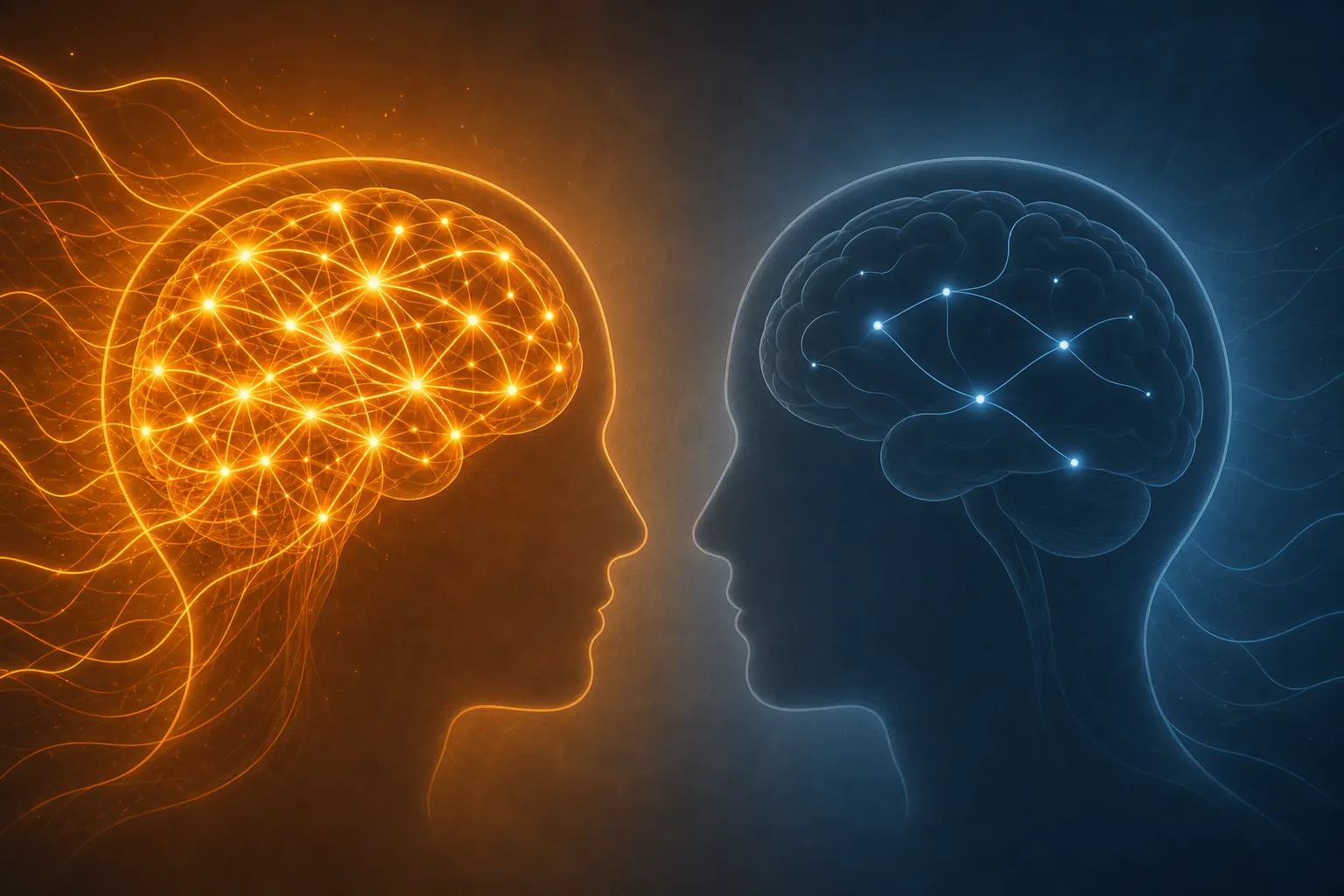 Two brain silhouettes showing stronger neural connectivity for handwriting than typing