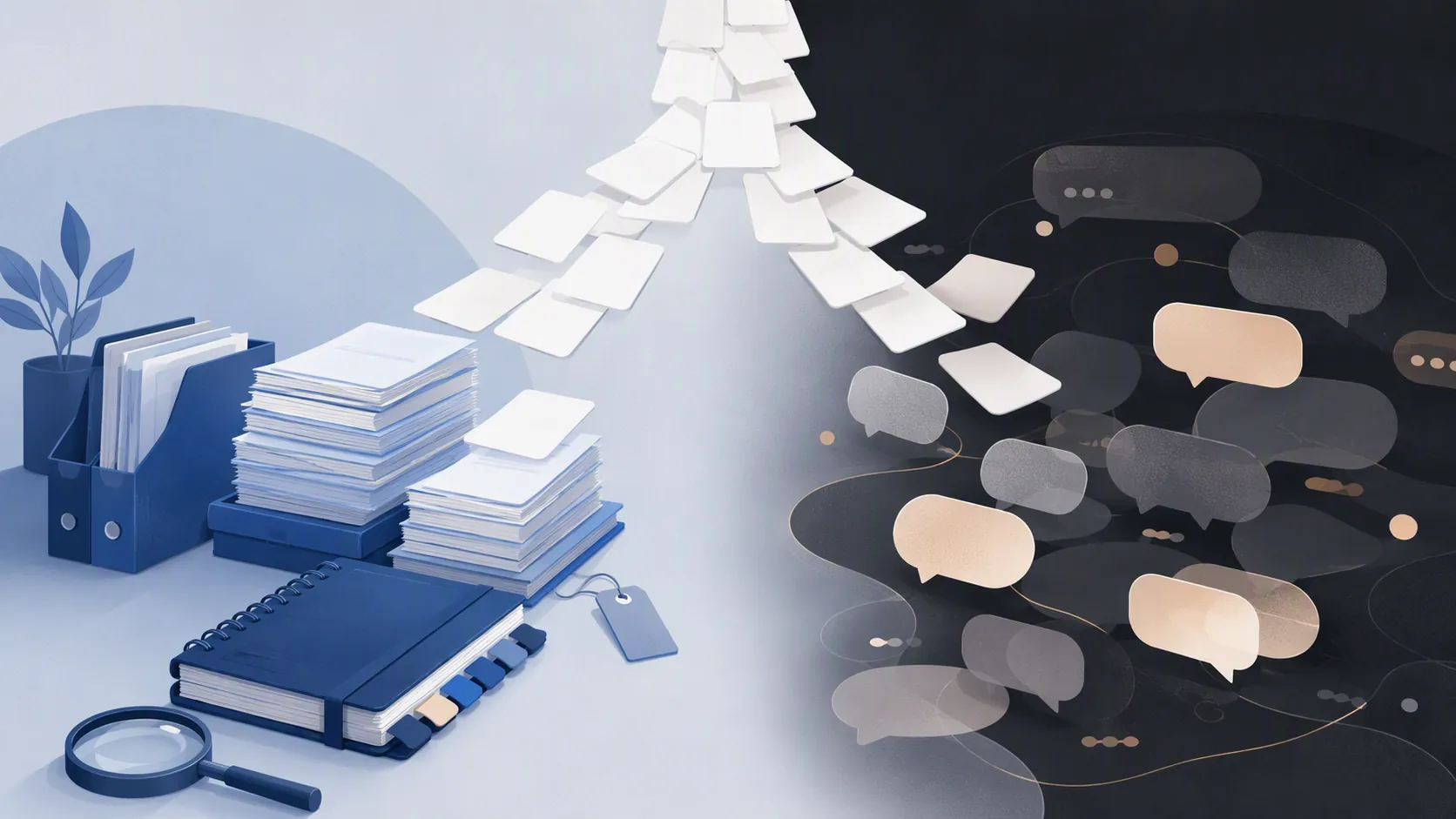 White note cards splitting between organized notebook pages and loose chat bubbles