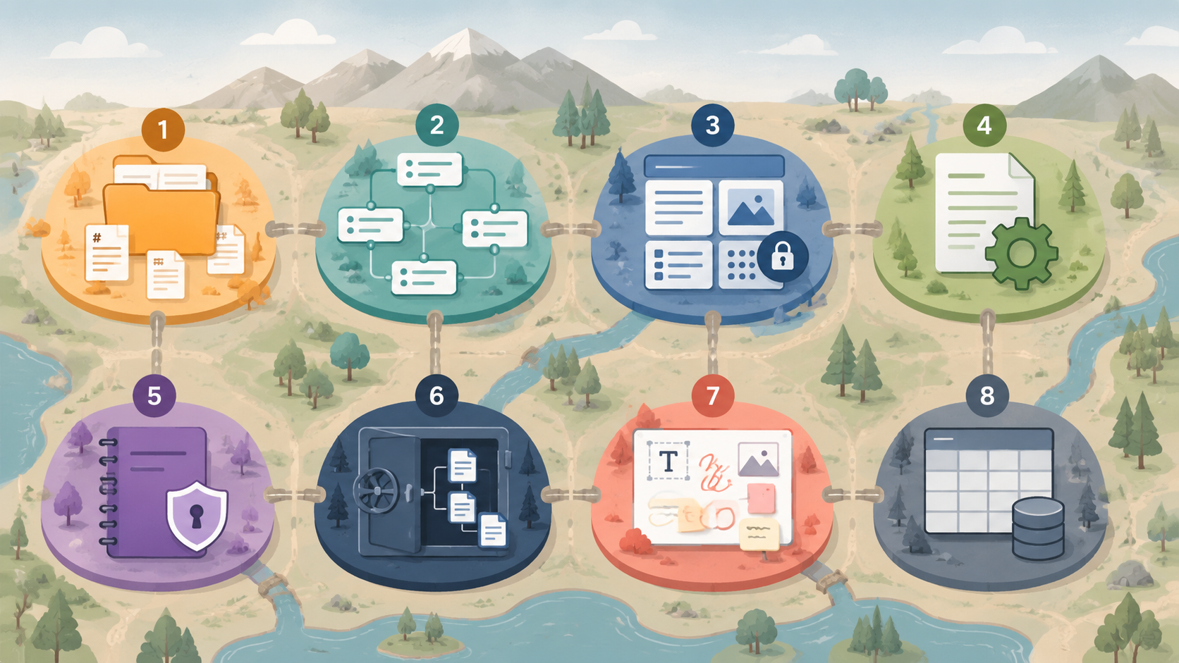 Eight horizontal zones representing note-taking archetypes from text files to databases